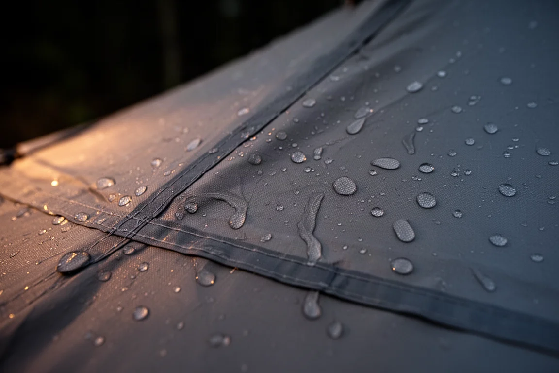 Rain beading on a tent flysheet at night under soft light