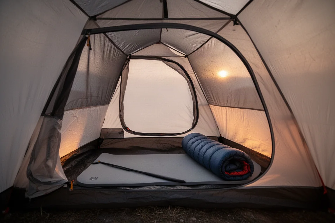 Sleeping pad and bag laid out inside a small one-person tent