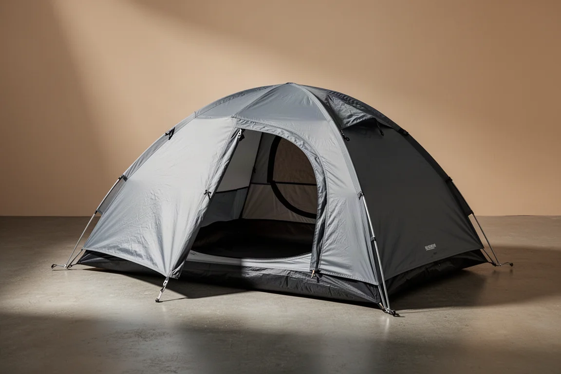 Compact grey one-person camping tent pitched on a concrete studio floor