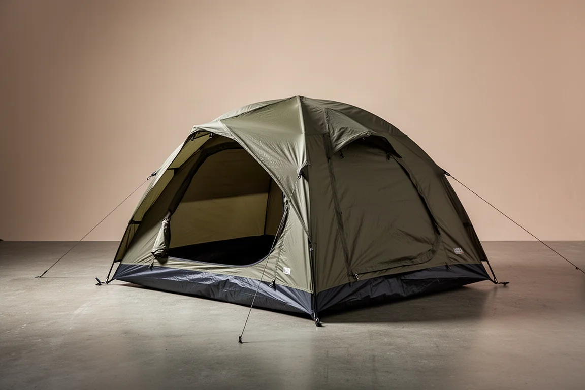Compact dome camping tent with olive rainfly pitched on concrete against neutral backdrop