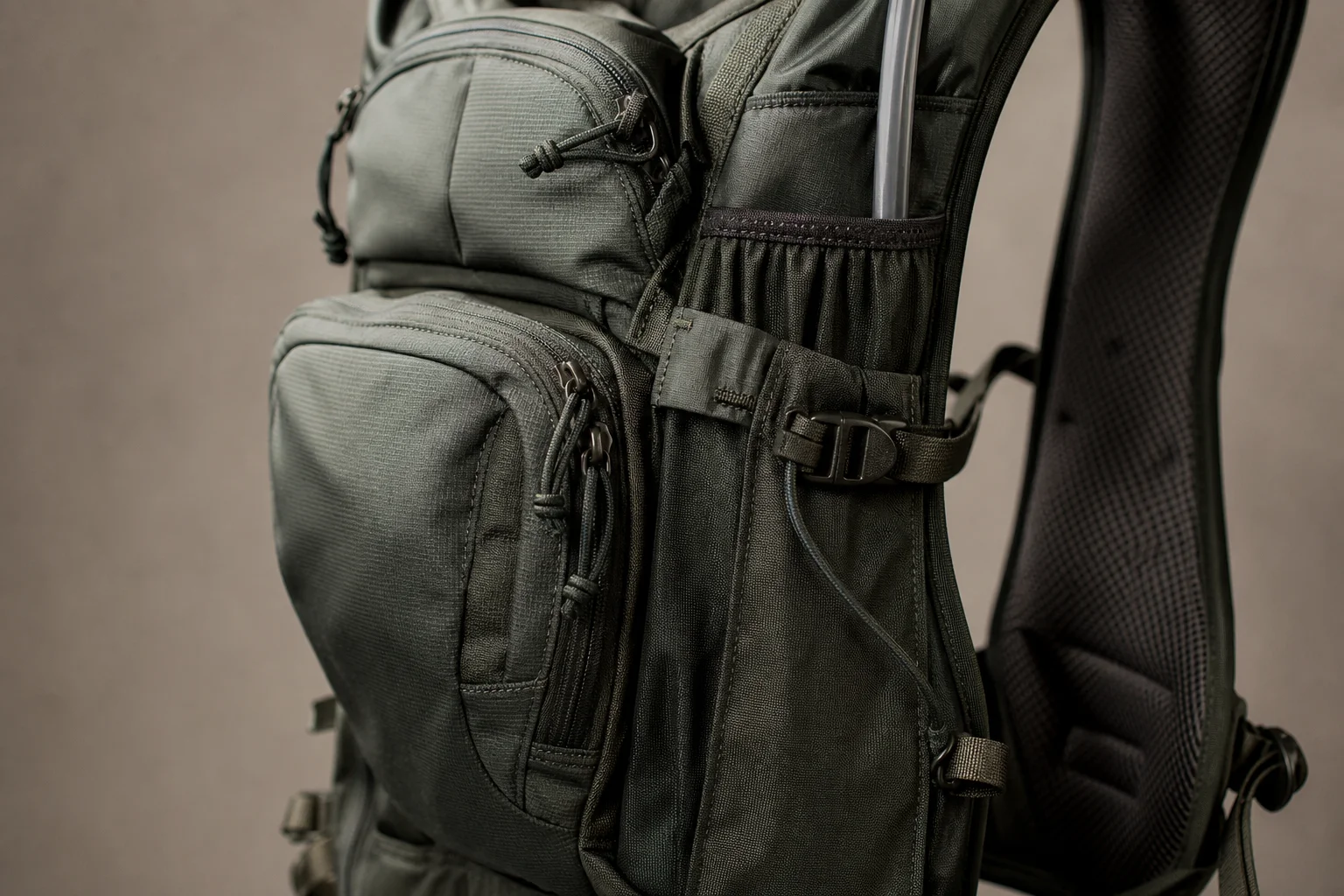 Close-up of hydration pack pockets and organizational compartments