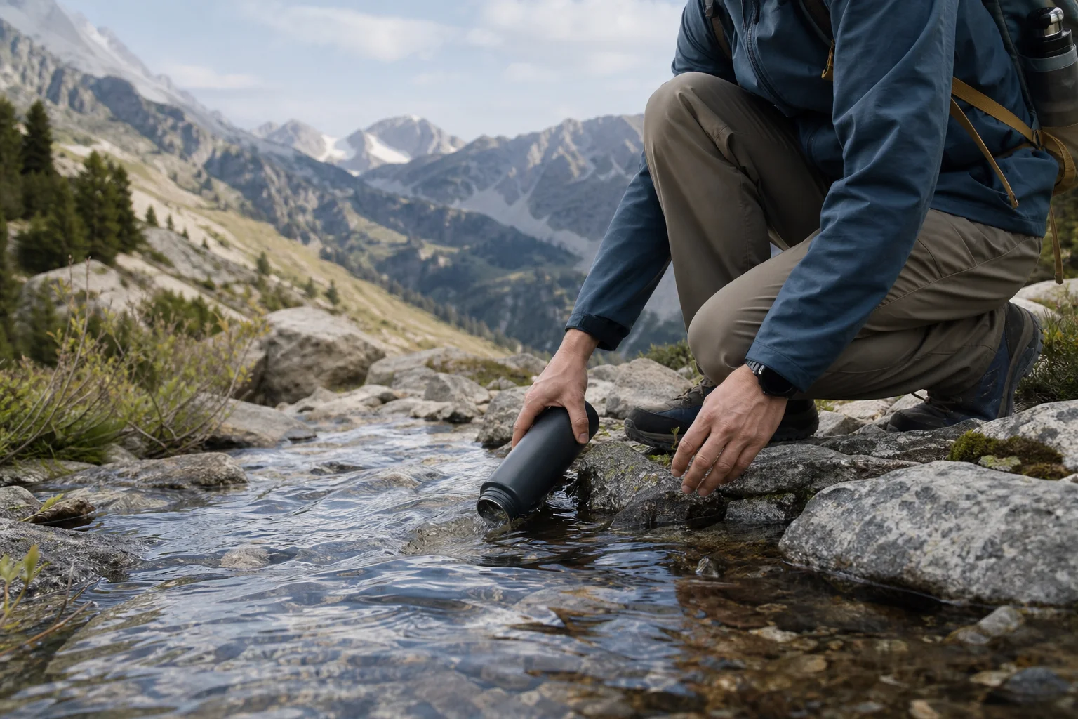 Hiker refilling water bottle from mountain stream