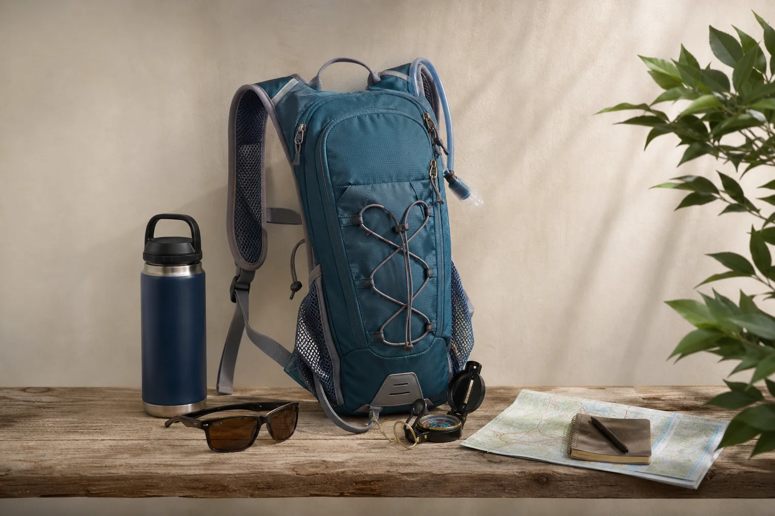 Packed hydration pack on bench with hiking essentials nearby