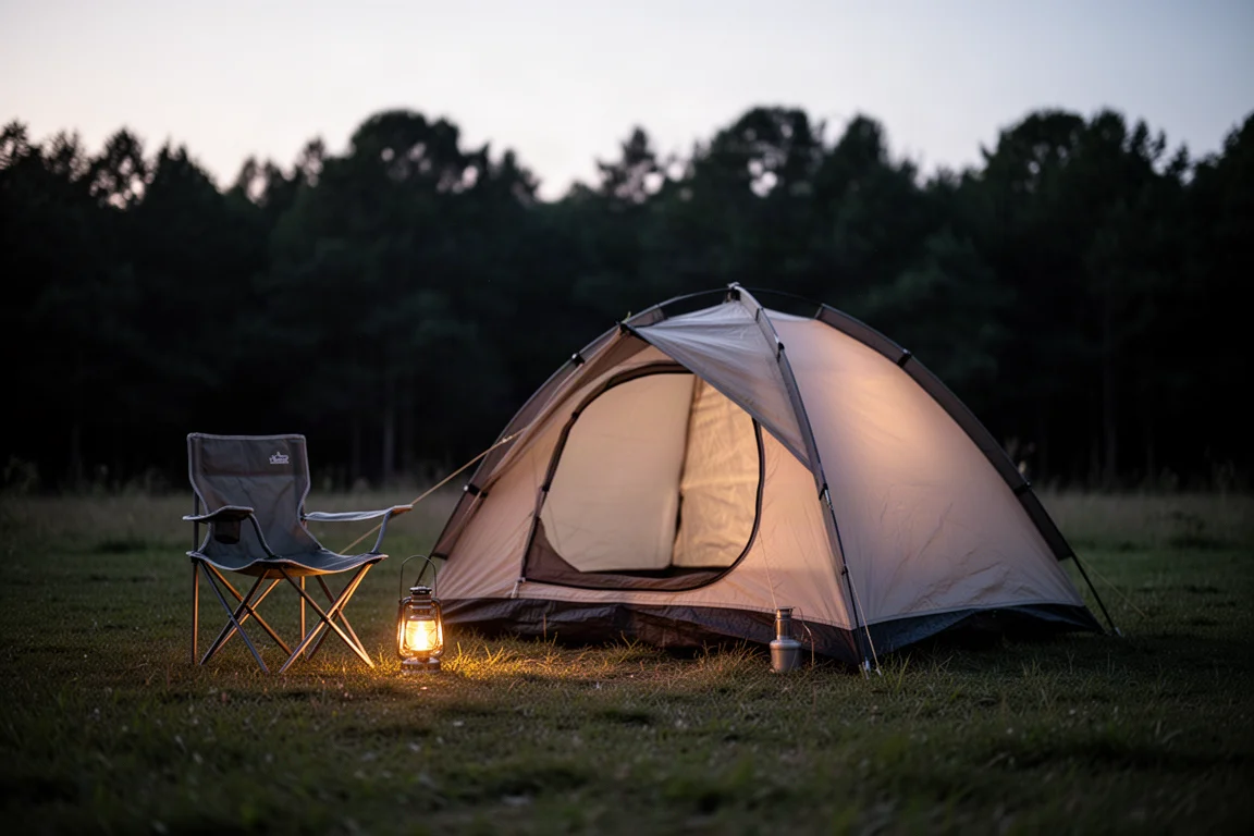 Kompaktes Zwei-Personen-Kuppelzelt leuchtet in der Dämmerung auf einem Campingplatz, daneben ein Campingstuhl