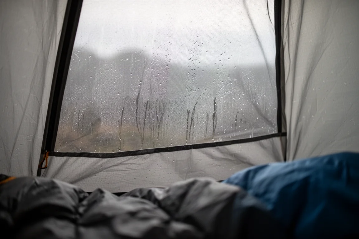 Kondenswassertropfen an der inneren Netzwand eines Campingzeltes im Morgenlicht