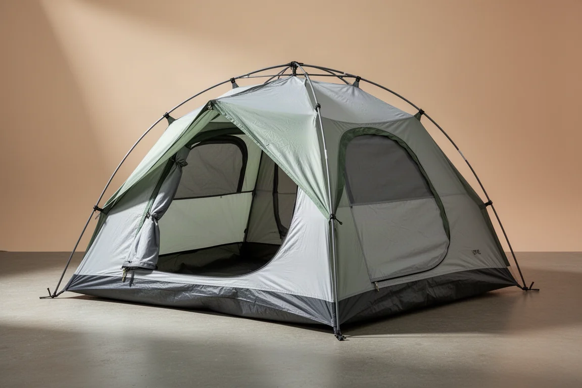 Two-person dome camping tent with grey and green fly pitched on a neutral studio backdrop