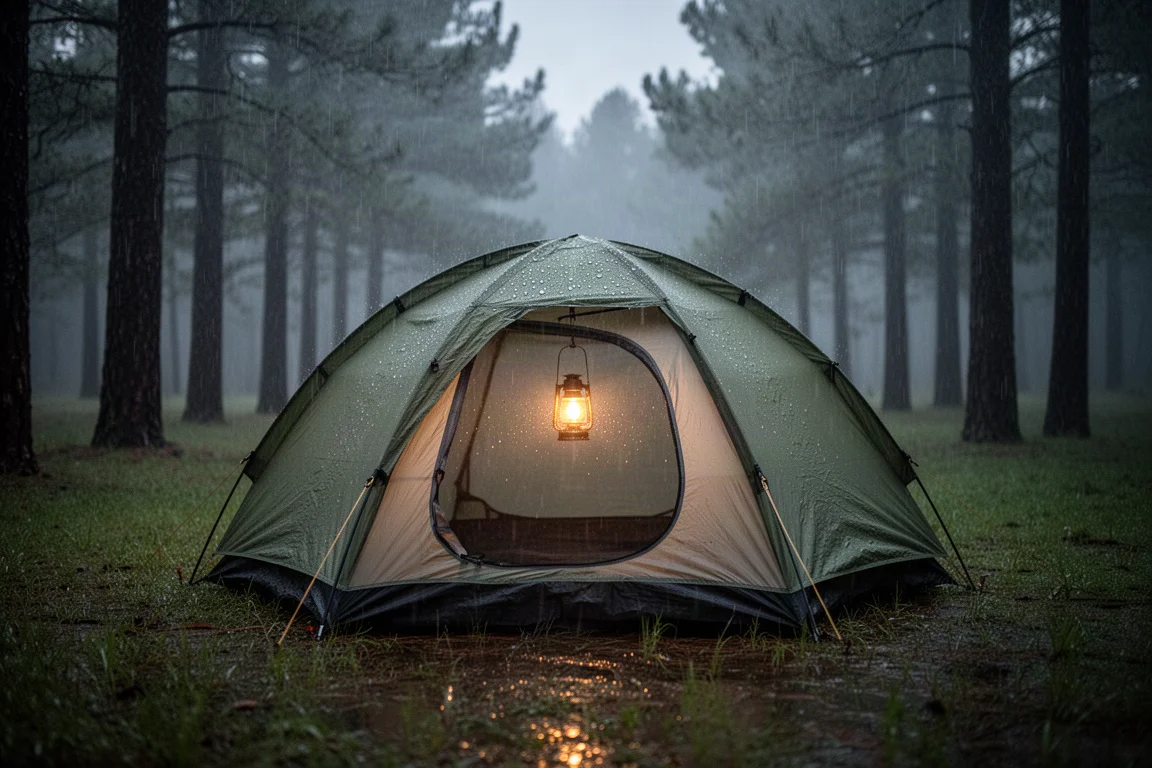 Lightweight dome tent pitched in a forest clearing at dusk with rain falling