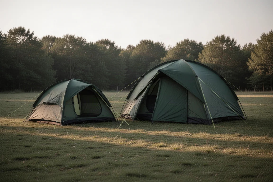 Two quick-pitch dome tents pitched side by side in a grassy campsite at dusk