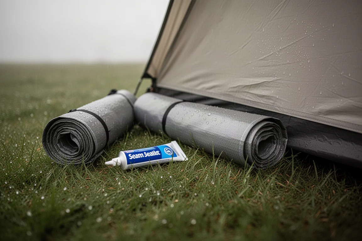 Rolled ground sheet and seam sealant on damp grass beside a tent corner