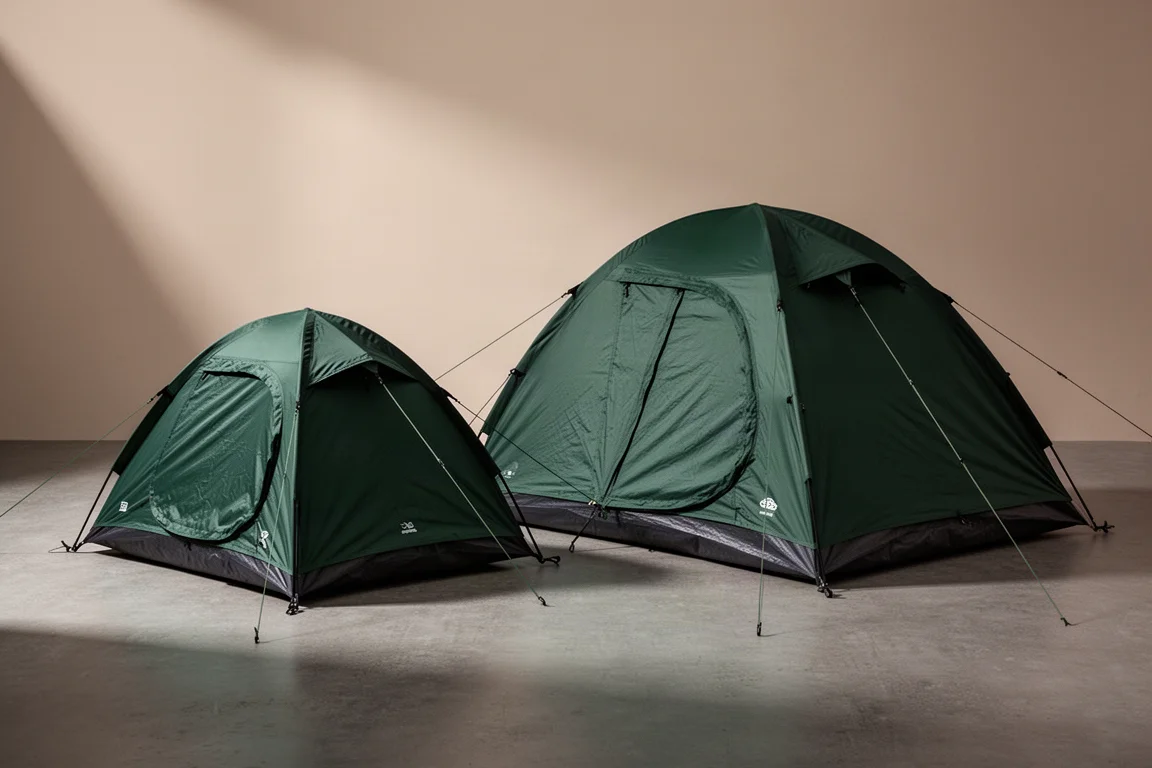 Two quick-pitch dome tents with dark green rainflies pitched side by side on concrete