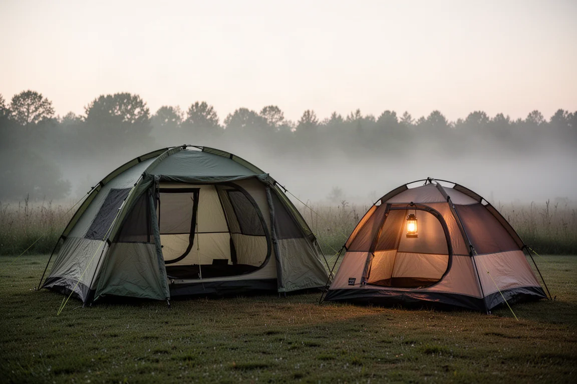 Zwei Kuppelzelte nebeneinander auf einem grasbewachsenen Campingplatz in der Dämmerung