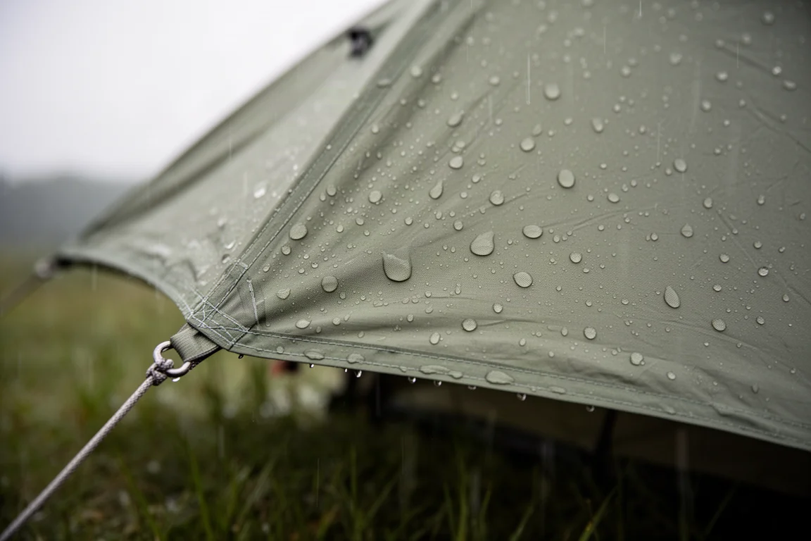Regn pärlar sig på regnskyddet på ett uppsatt tält under lätt regn