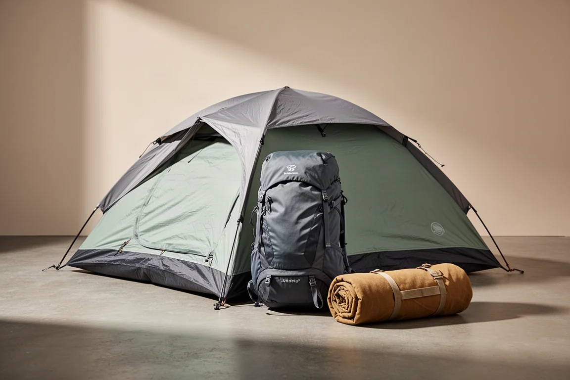 Teton Sports tent, backpack, and sleeping bag arranged on a concrete surface