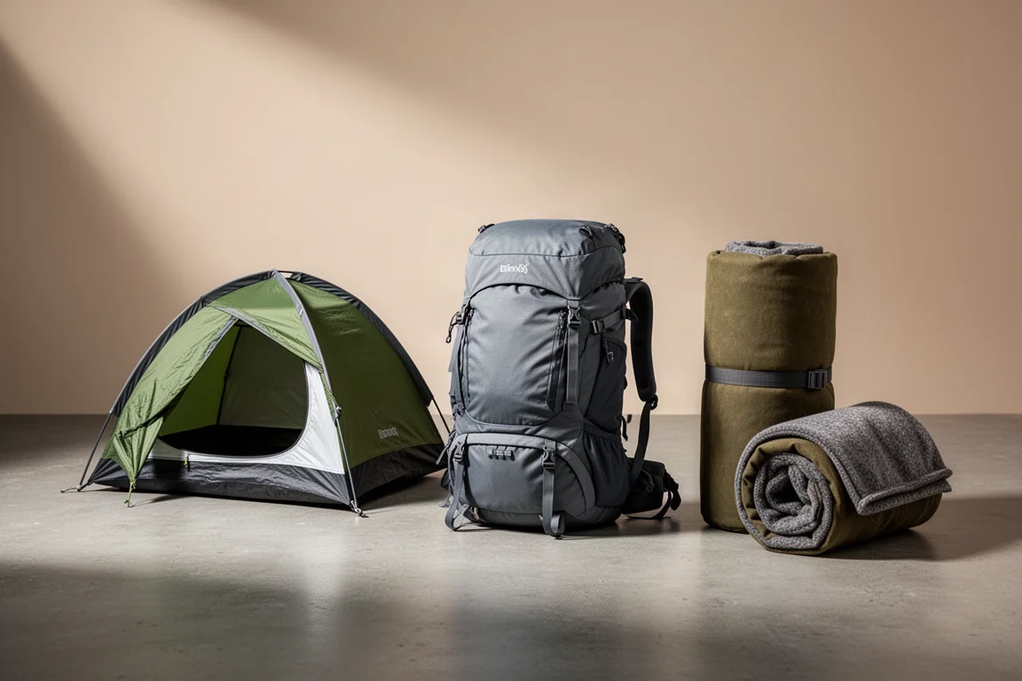 Teton Sportsのキャンプ用品3点セット：ドームテント、ハイキングバックパック、キャンバス製寝袋をコンクリート上に配置