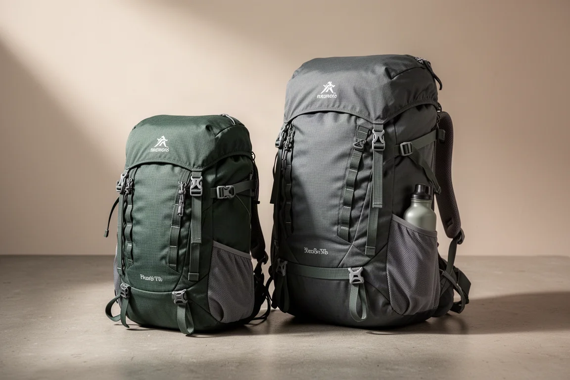 Two top-loading hiking backpacks side by side on a matte concrete surface