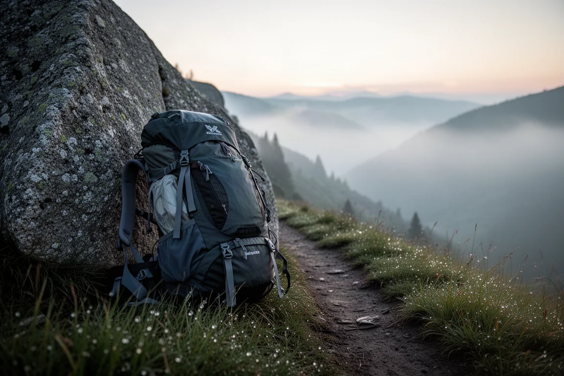 清晨微光下的寧靜登山口,松林與霧氣中的小徑