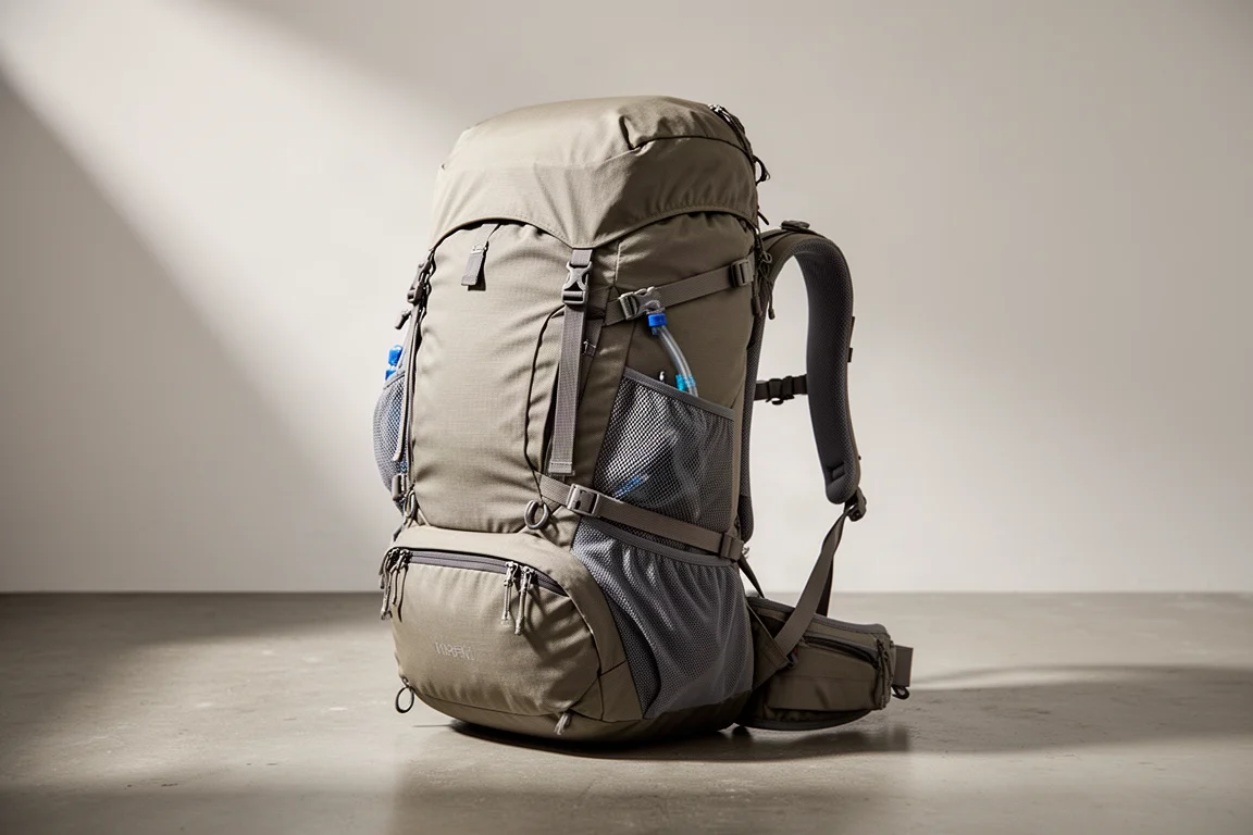 Large internal-frame hiking backpack photographed at a three-quarter angle on concrete
