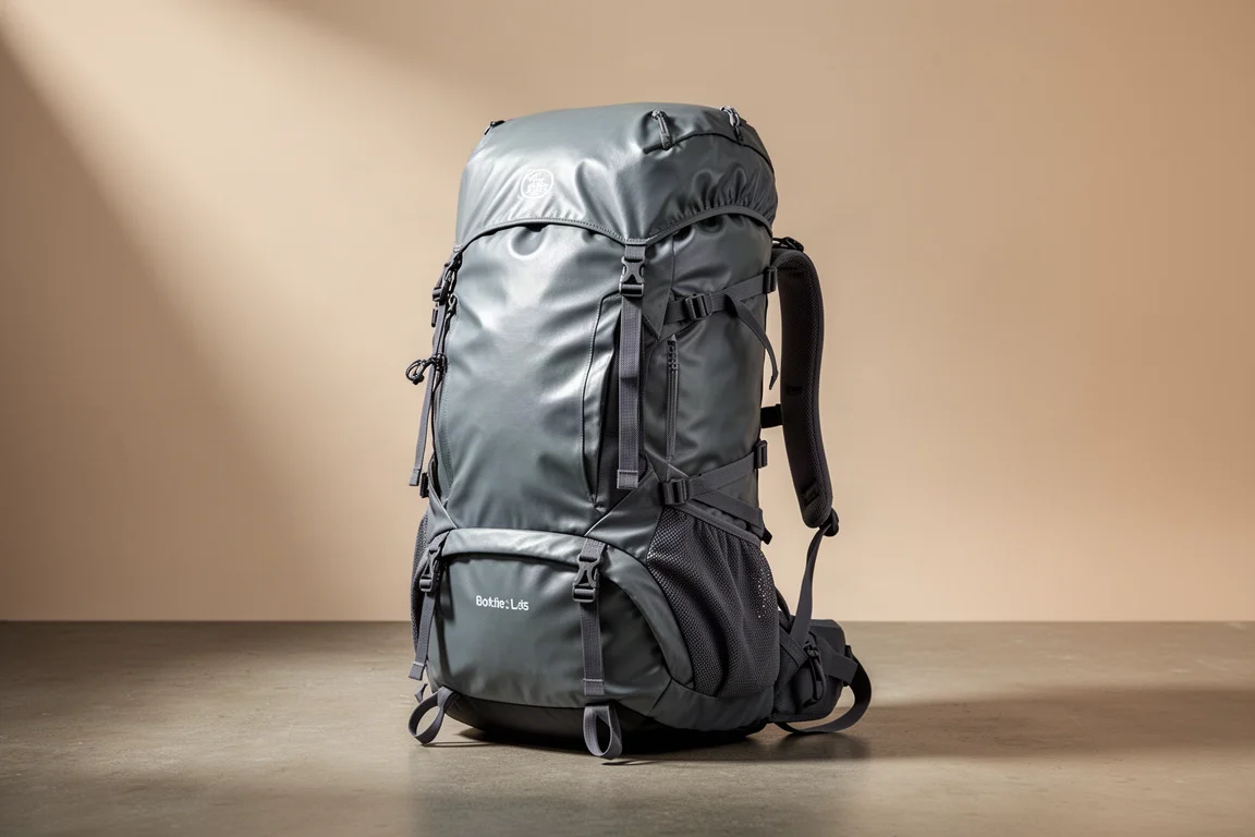 Gray 65-litre hiking backpack with a glossy coated shell standing on a concrete floor