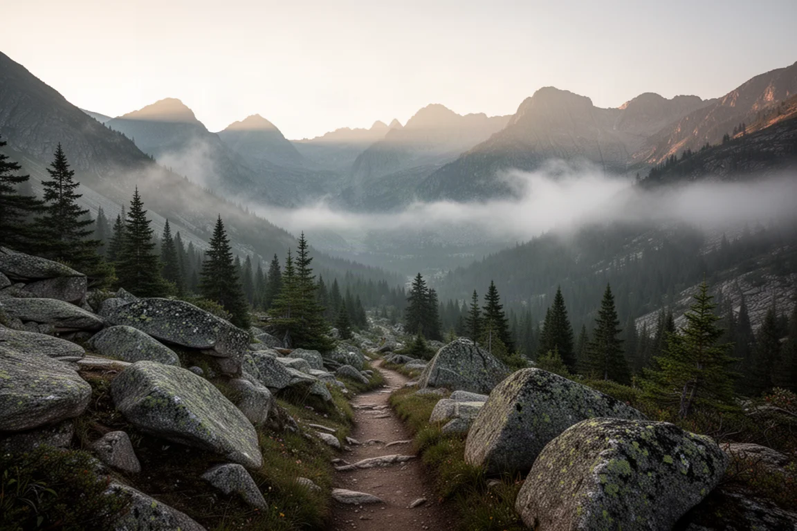 Misty alpine valley with a winding trail leading toward distant ridges at sunrise