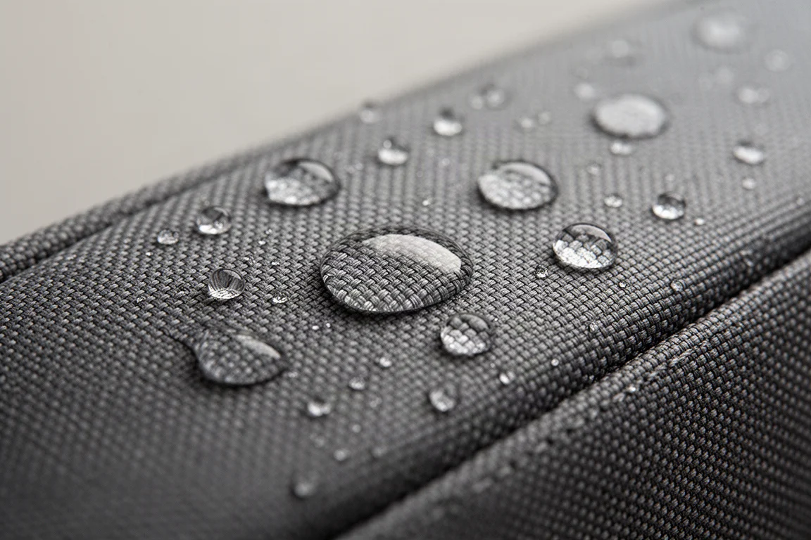 Macro detail of coated synthetic fabric weave with water droplets beading on the surface