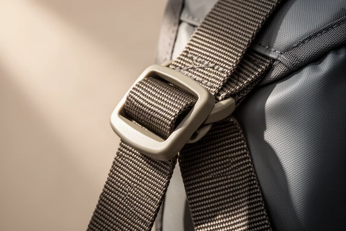 Close-up of a webbing strap and plastic side-release buckle on a fabric panel