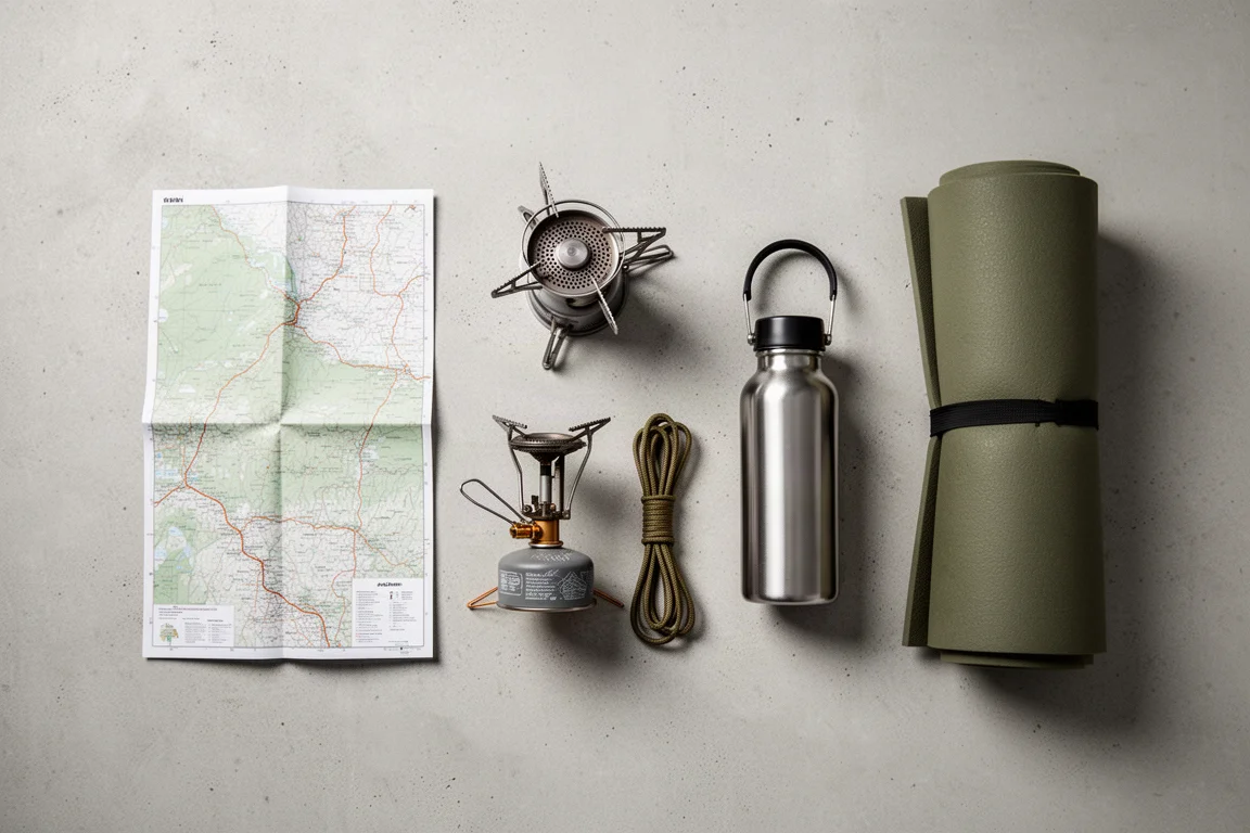 Overhead flat-lay of backpacking essentials arranged on a concrete surface