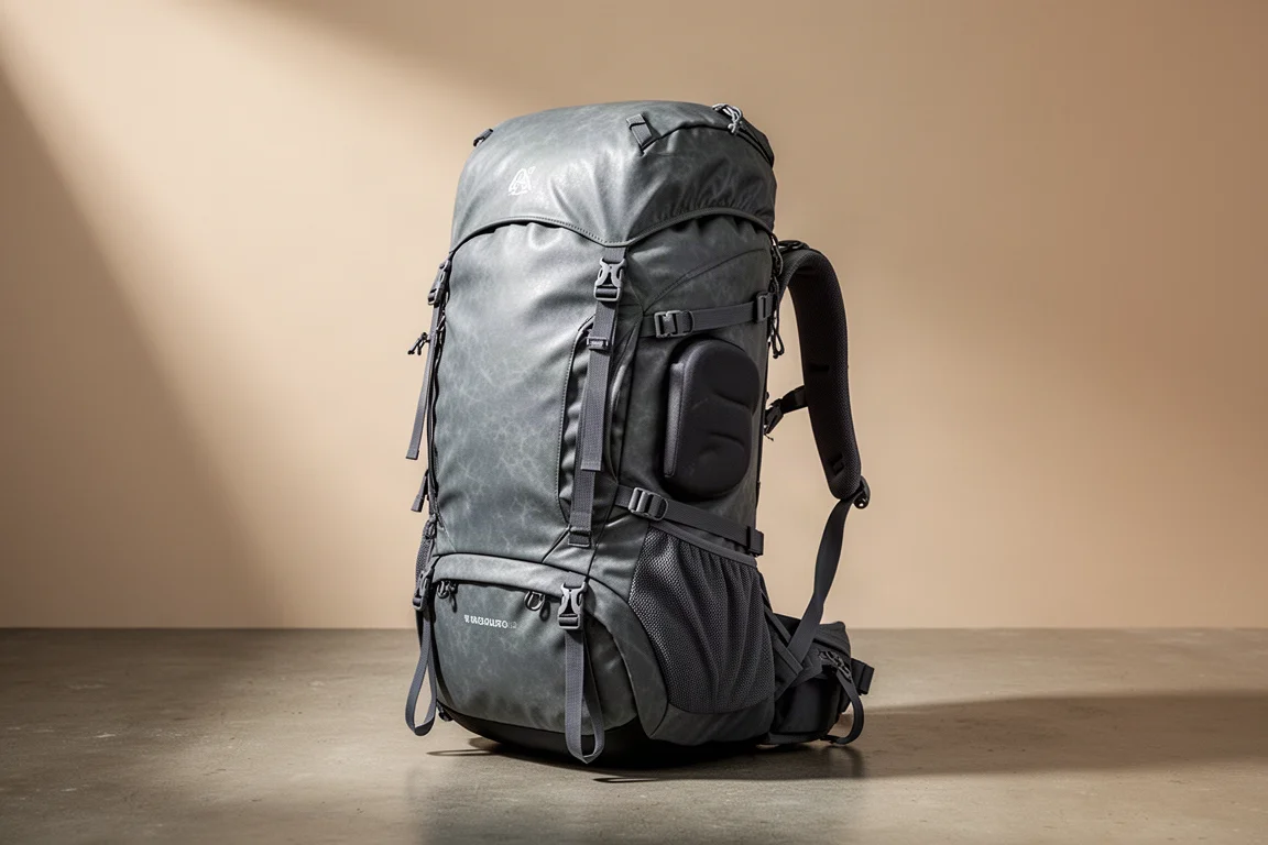 Grey 65-liter hiking backpack with coated fabric standing upright on a concrete surface