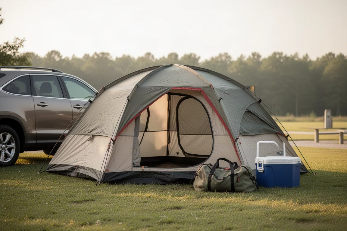 Zwei-Personen-Campingzelt neben einem geparkten Auto auf einem grasbewachsenen Campingplatz mit Ausrüstung in der Nähe
