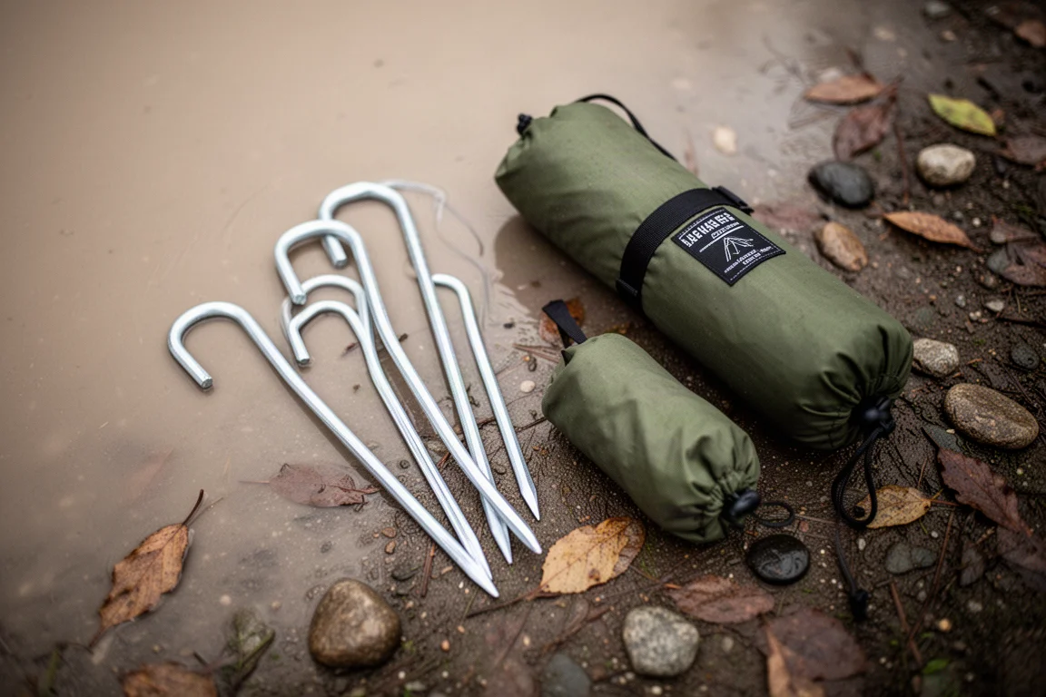 Verborgene Metall-Heringe und ein zusammengerollter Packsack auf feuchtem Boden