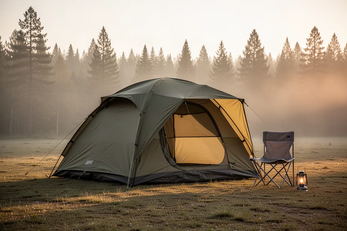 Two-person dome camping tent pitched on a grassy campsite clearing at golden hour
