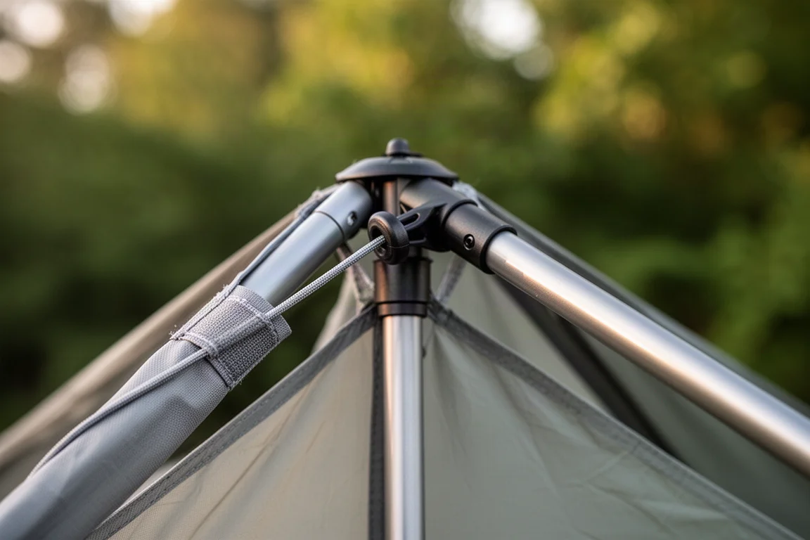 Zeltgestänge-Spitze mit Zugkordel und Verriegelungsnabe vor weichem Outdoor-Hintergrund