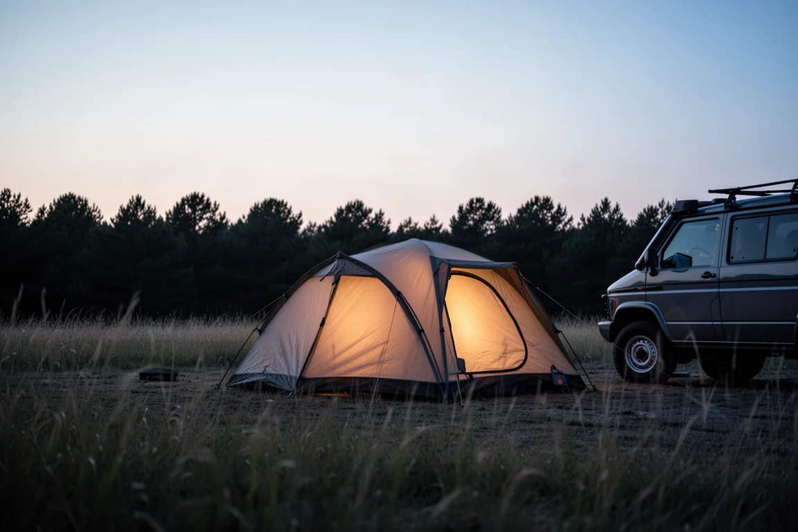 Campingplatz in der Abenddämmerung mit beleuchtetem Zelt neben einem geparkten Fahrzeug