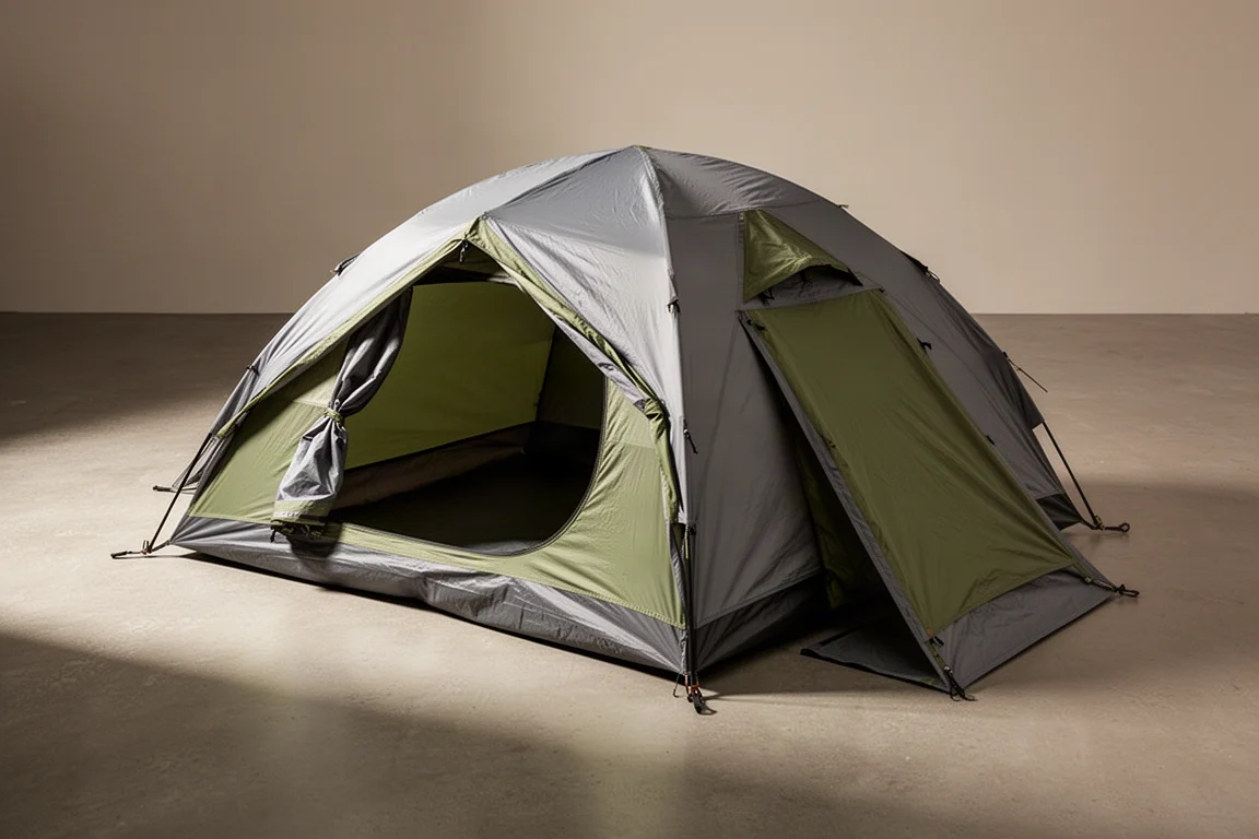Pitched two-person camping tent with rain fly on a neutral concrete surface
