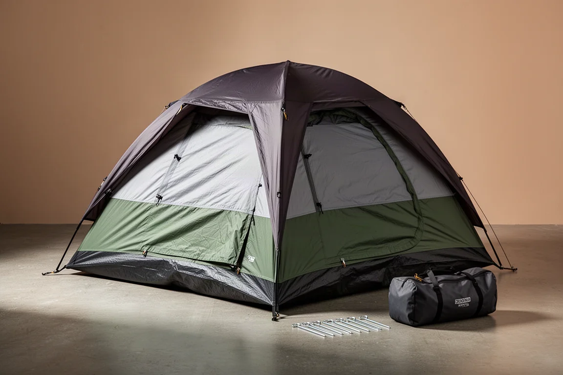 Two-person dome camping tent with dark rain fly pitched on concrete beside carry bag and stakes