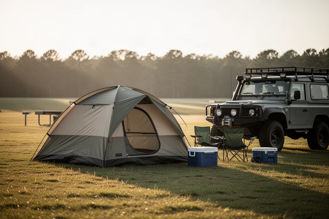 Two-person camping tent pitched beside a parked vehicle at a grassy campsite in evening light
