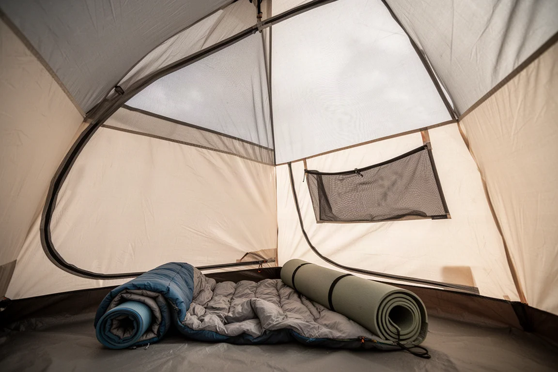 Interior view of a tent showing mesh ceiling panel, side pocket and sleeping pad on the floor
