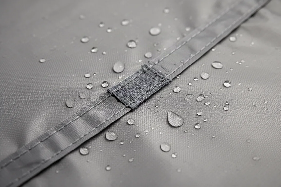 Close-up of tent fly fabric with sealed seam tape and water beading on the surface