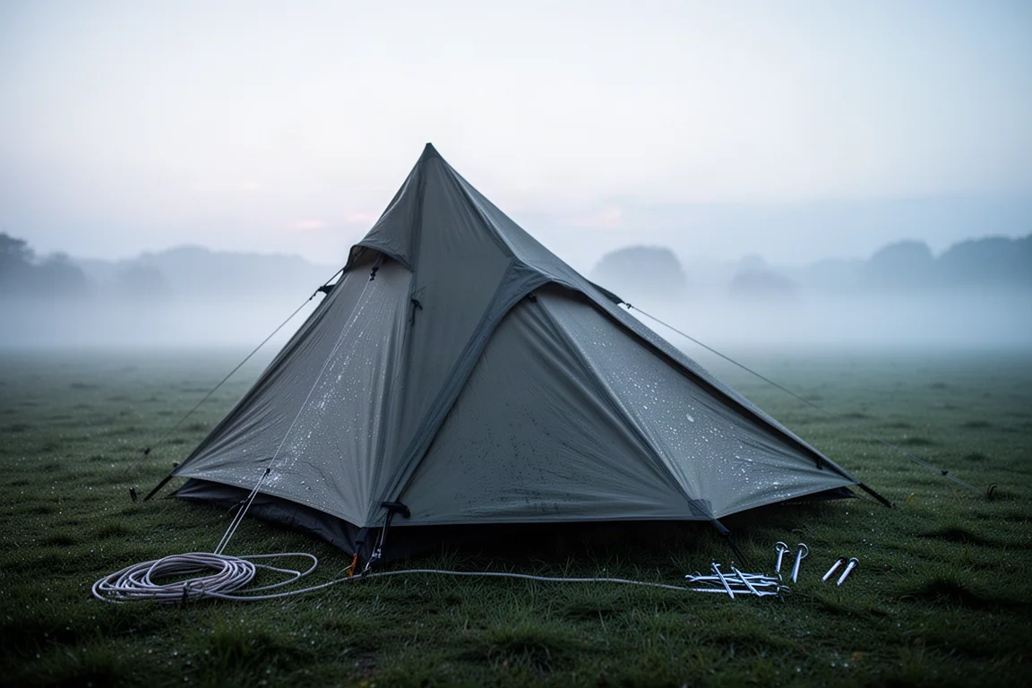 Campsite at dawn with a wet tent on grass and mist rising in the background