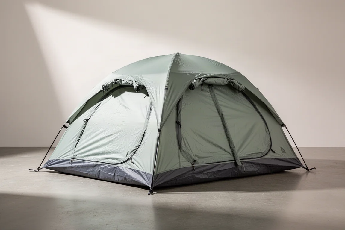 Two-person quick-pitch camping tent pitched on a matte concrete surface in soft studio light
