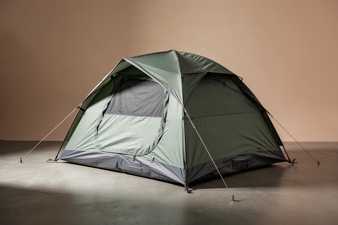 Two-person camping tent with rain fly pitched on a neutral surface in studio light