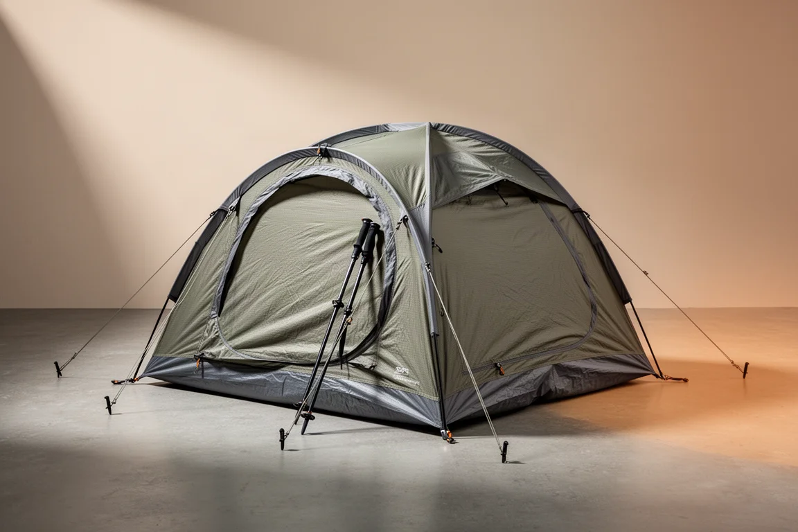 Low-profile two-person tunnel tent pitched on a sandy desert plain at first light