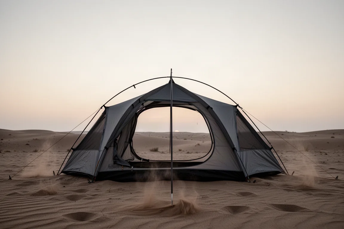 Low-profile tunnel tent pitched on sandy desert ground at dusk with open end vents