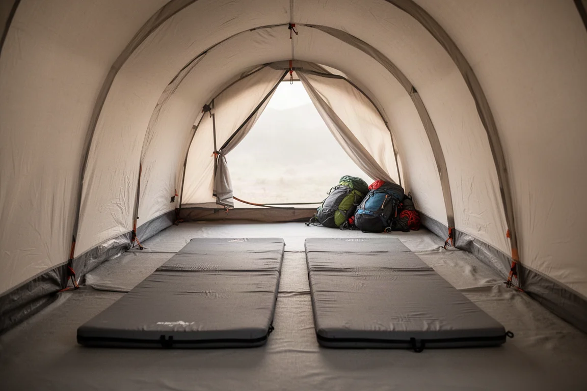 Interior of a long tunnel tent with two wide sleeping pads and morning light