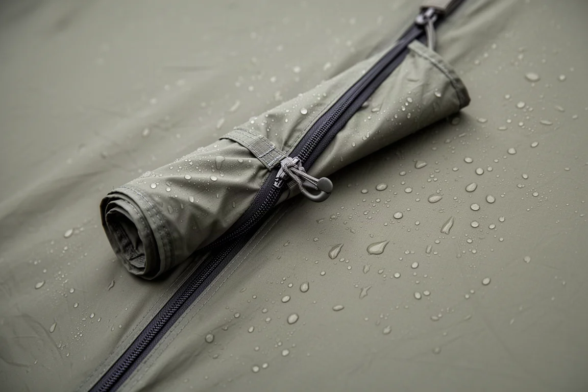 Close-up of a tent door panel rolled and toggled back inside the fly