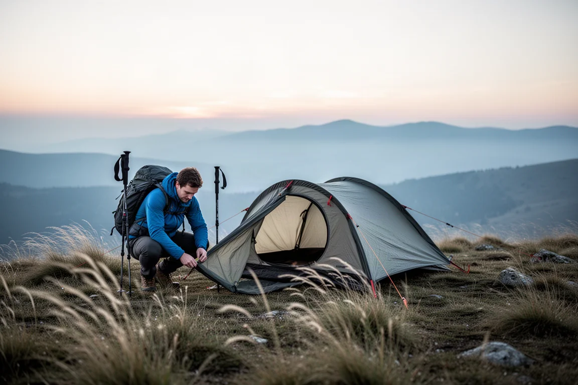 Backpacker staking out a tunnel tent on a windy ridge at dawn