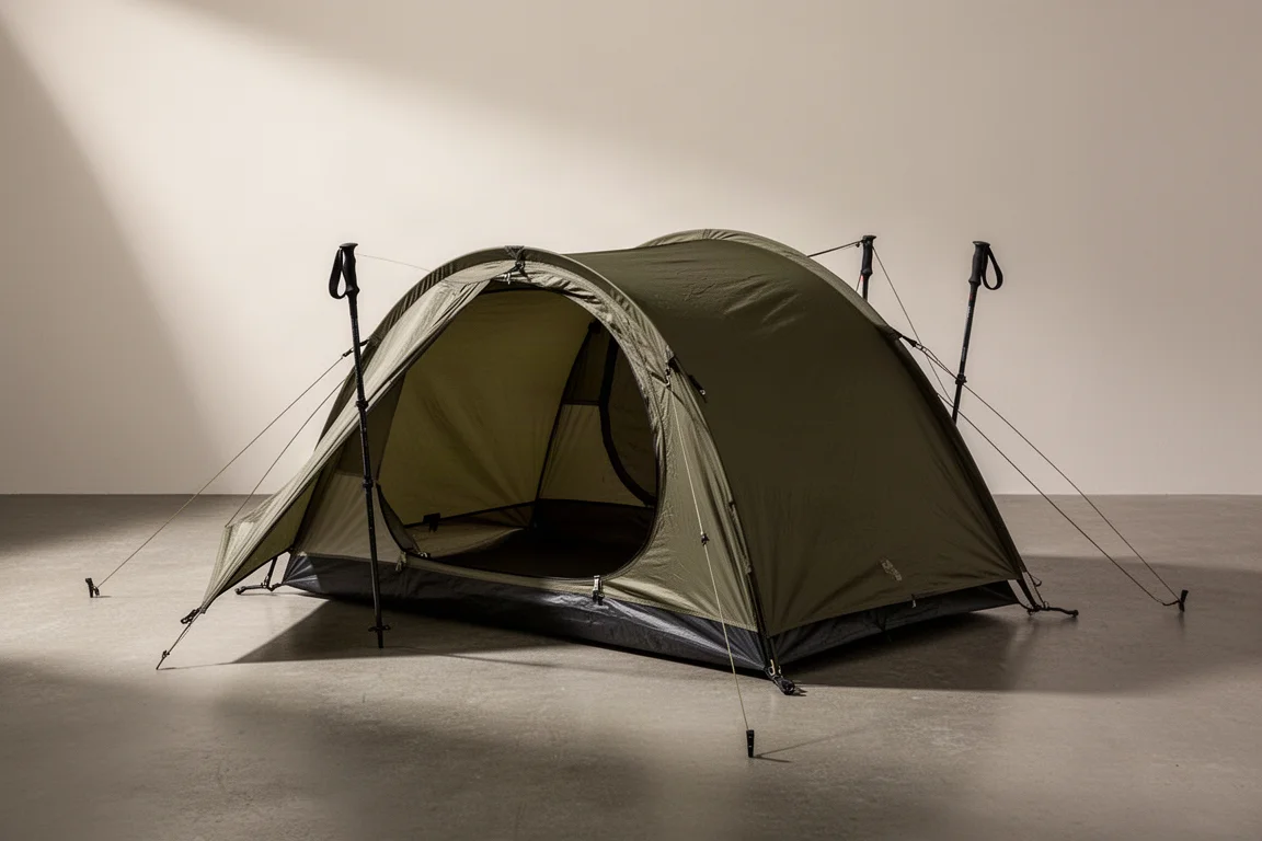Low-profile two-person tunnel tent with center arc pole pitched on concrete