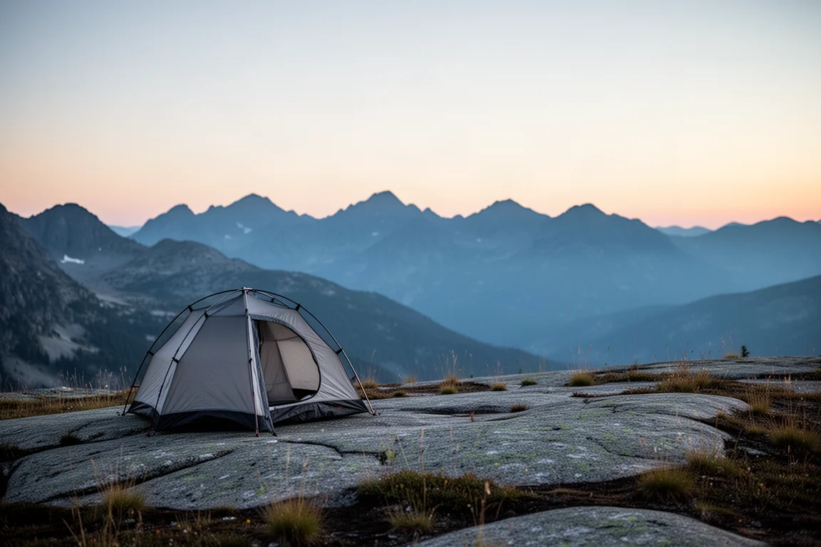Backcountry-Campingplatz in der Dämmerung auf einem Granitvorsprung mit einem kleinen Kuppelzelt am Bildrand