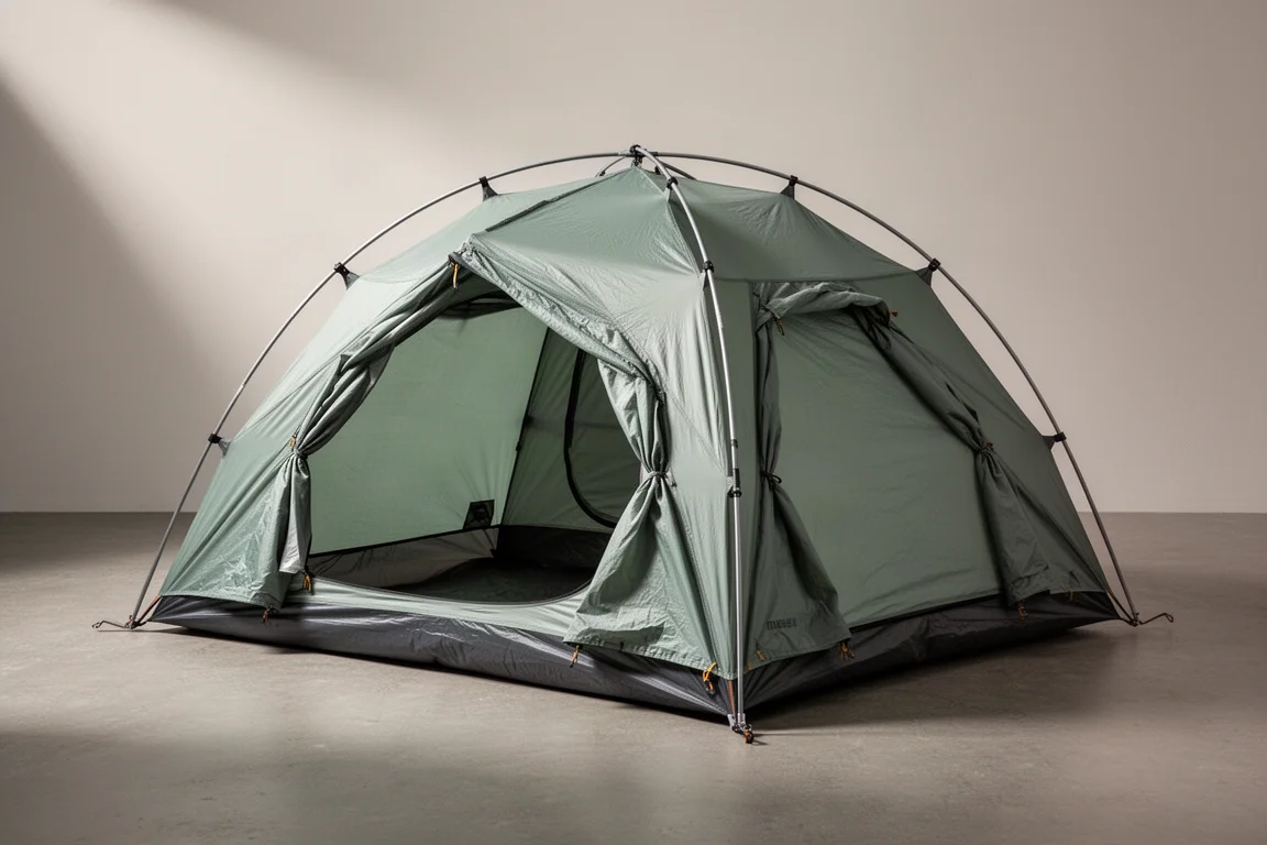 Freestanding two-person dome backpacking tent with twin vestibules on concrete