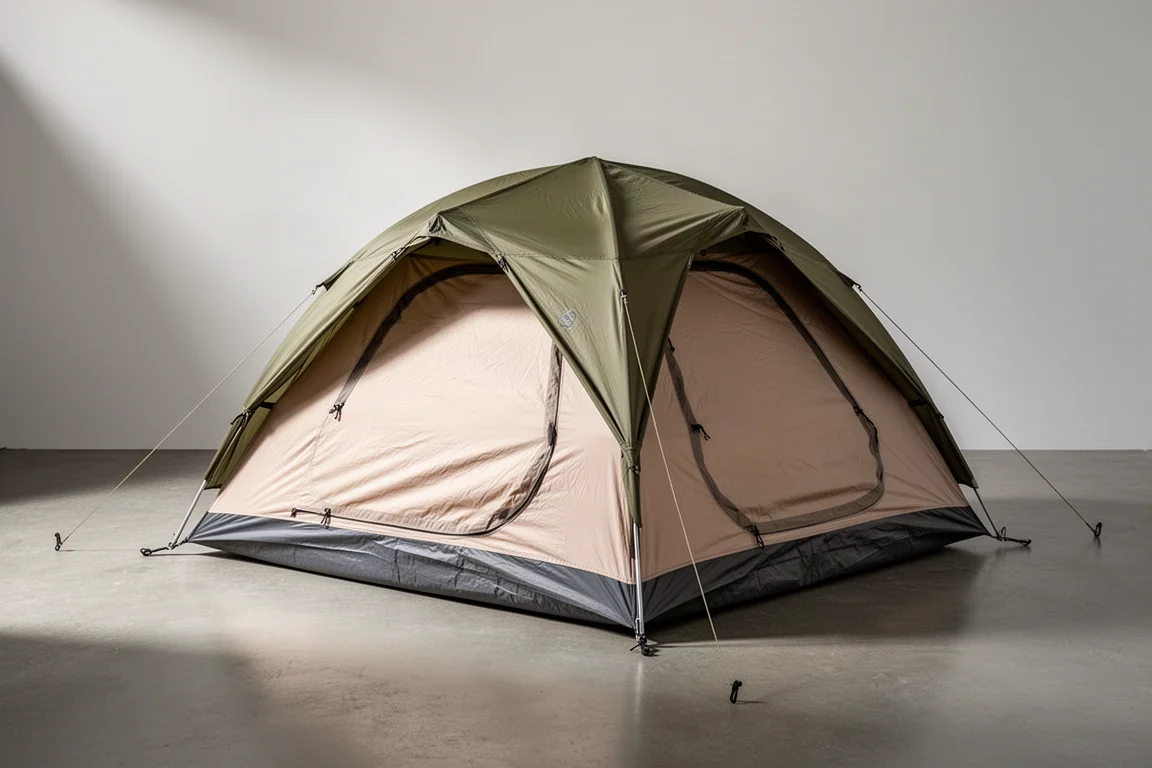 Freestanding two-person dome tent with olive rainfly pitched on a concrete studio floor