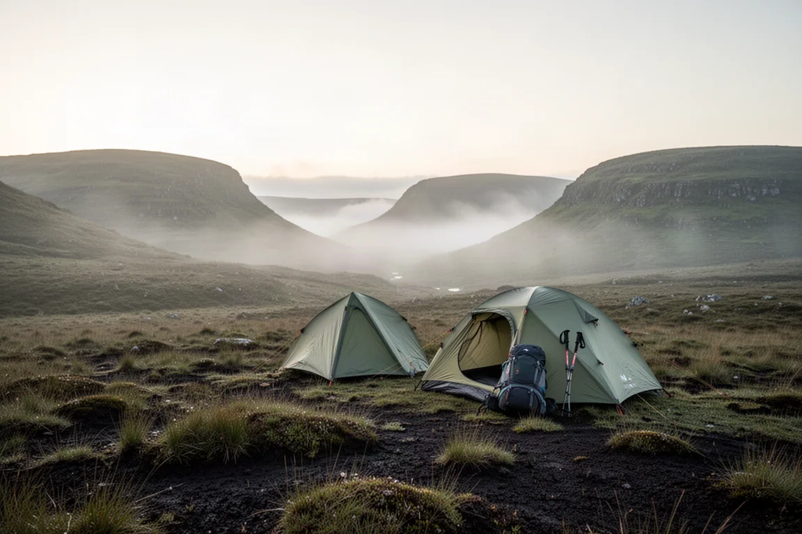 Trekkingzelt in mittlerer Entfernung auf einem nebligen Heidekamm im Morgengrauen